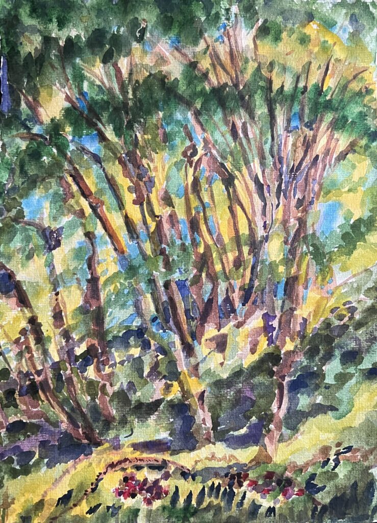 Sunny Sunrise Beach Park, original watercolor painting of hardwood trees on a hillside in bright highlights of blue, yellow and green.