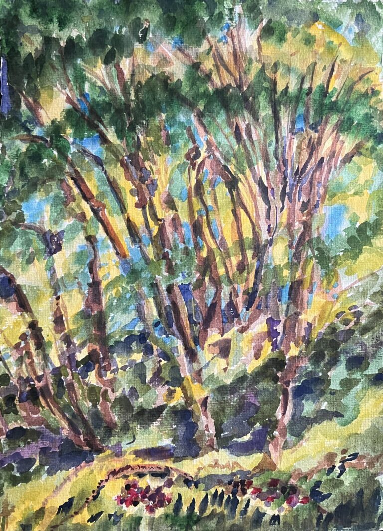 Sunny Sunrise Beach Park, original watercolor painting of hardwood trees on a hillside in bright highlights of blue, yellow and green.