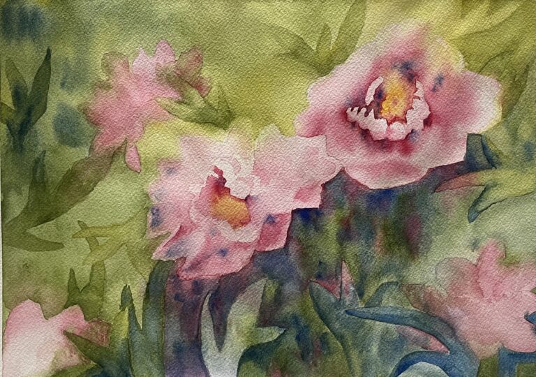 Spring Peonies, original watercolor painting of pink peonies with their greenery of greens and teals in muted coloring.
