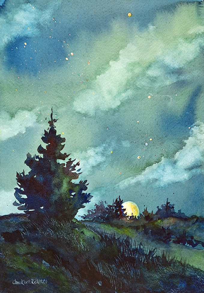 Peek-A-Boo, original watercolor painting of a night scene with the moon rising from behind a hill with the stars and clouds in the sky. There is a lone tree in the foreground. The colors are in variations of teal.