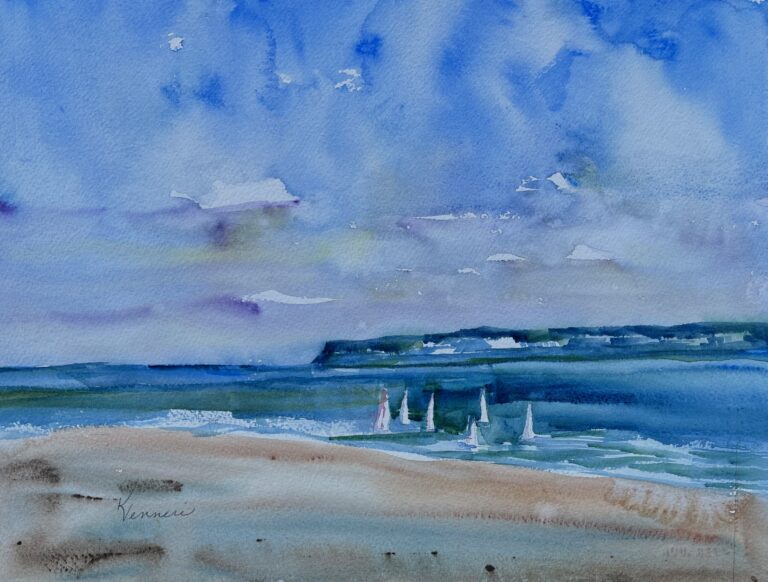 Windy Day on Trouville Beach, original watercolor painting of wind surfers in the waves off of a sandy beach with a land mass on the far shore. The sky is blue with scattered clouds.