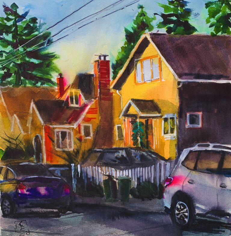 Morning Light in the Hood, original watercolor painting depicting early morning light hitting the front of housing in a residential area. The house is an orange hue, with a white picket fence and cars parked around. The sky is blue with some fog and green trees and power lines above the houses.