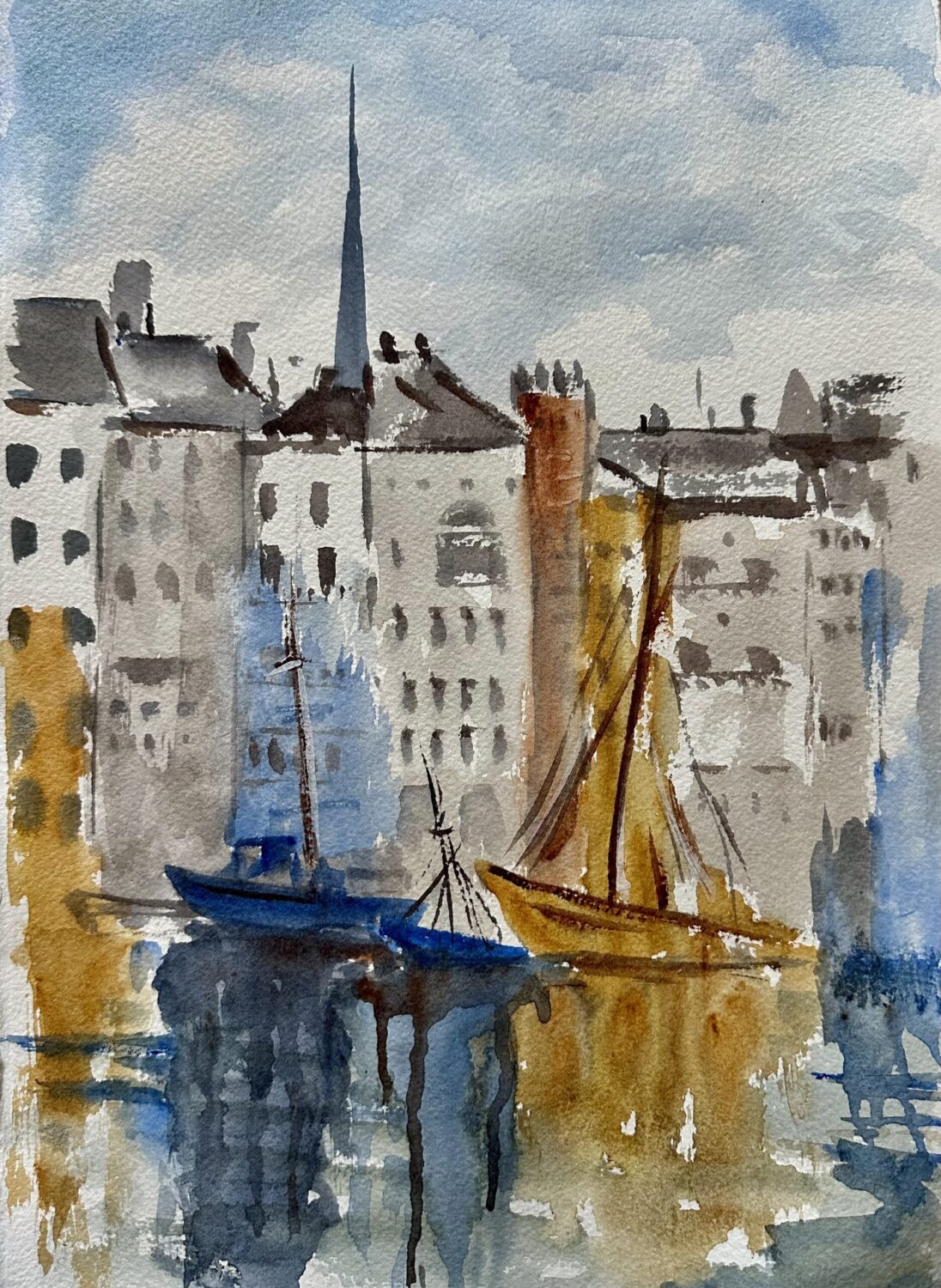Reflection of the Old Port, original abstract watercolor painting of reflections of the boats in Honfleur harbor with apartment buildings lining the shore. The apartments are in grey and the boats are highlighted in cobalt and burnt sienna and yellow ochre.