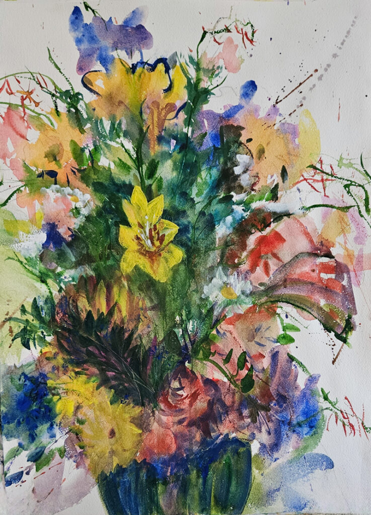 8-14-2024 Floral, Watercolor painting by Daniel Brown of pink, blue and yellow flowers in a green vase.