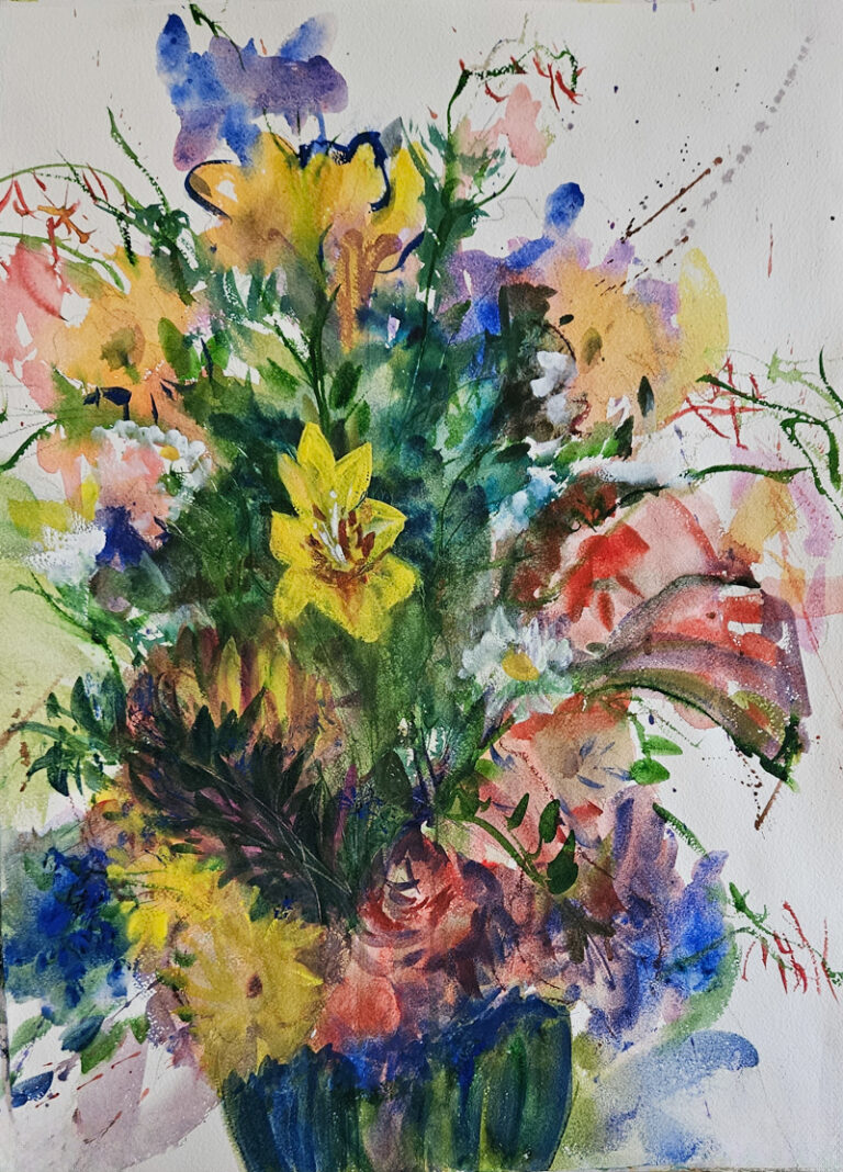 8-14-2024 Floral, Watercolor painting by Daniel Brown of pink, blue and yellow flowers in a green vase.