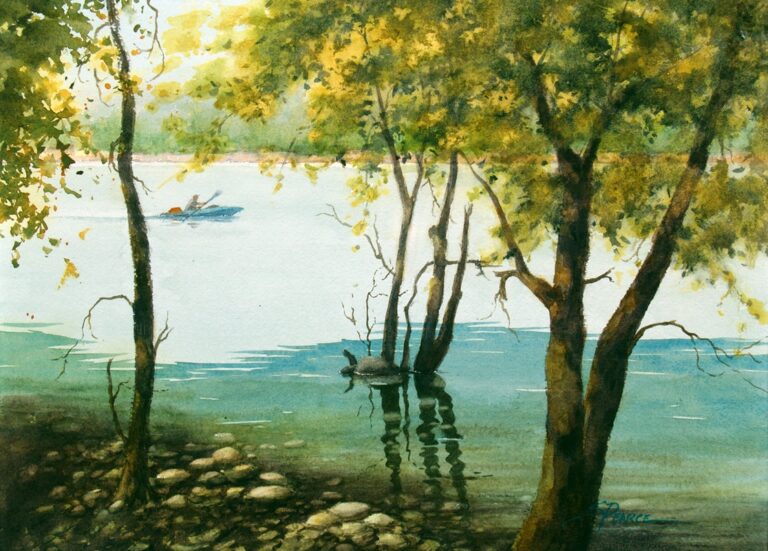 Solitude, original watercolor painting of a lake with three trees at the waters edge and a kayaker out in the lake and trees lining the opposite side of the lake.