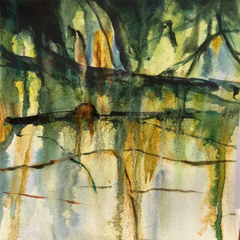 Reservoir, Original abstract watercolor painting depicting a drought as seen from the air with dark greens at the top fading into creams toward the bottom with the recession lines as it goes.