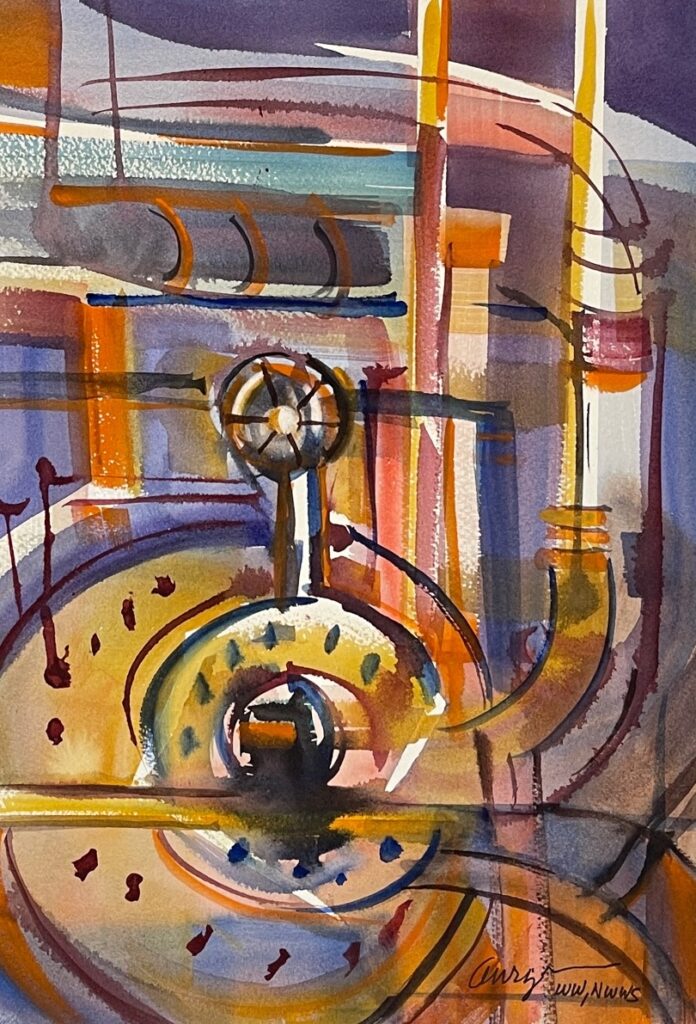 Steam Plant Symphony, original watercolor painting of pipes and machine parts in golden tans, oranges, grey and other muted tones.
