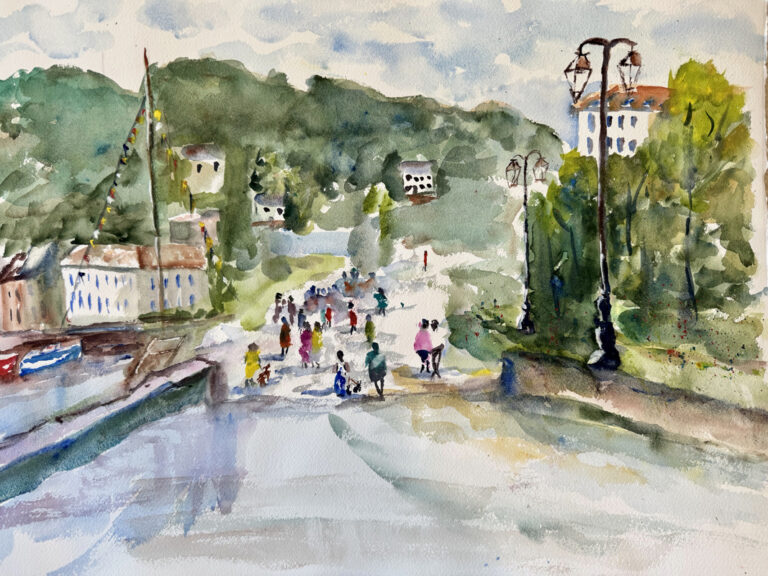 Walking out of the Park into Honfleur, original watercolor painting of people walking down a street into a town. There is a street light on the right and building and trees line the street. The sky above is cloudy.