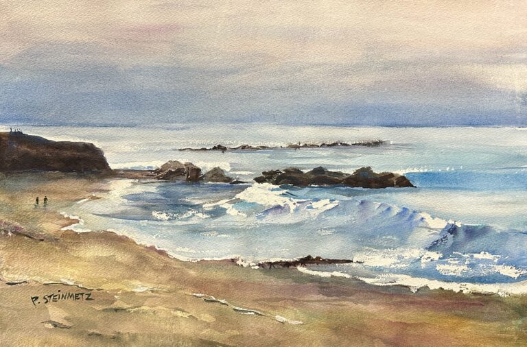 Evening Walk in Cambria, original watercolor painting of a couple people walking on a sandy beach with rocks jutting out into the water in the distance. The sky is cloudy and the waves are washing up onto the beach.