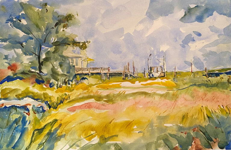 Oysterville Marshland, original watercolor painting of a golden grassy marshland and tree with a building and dock in the background and cloudy grey sky above.