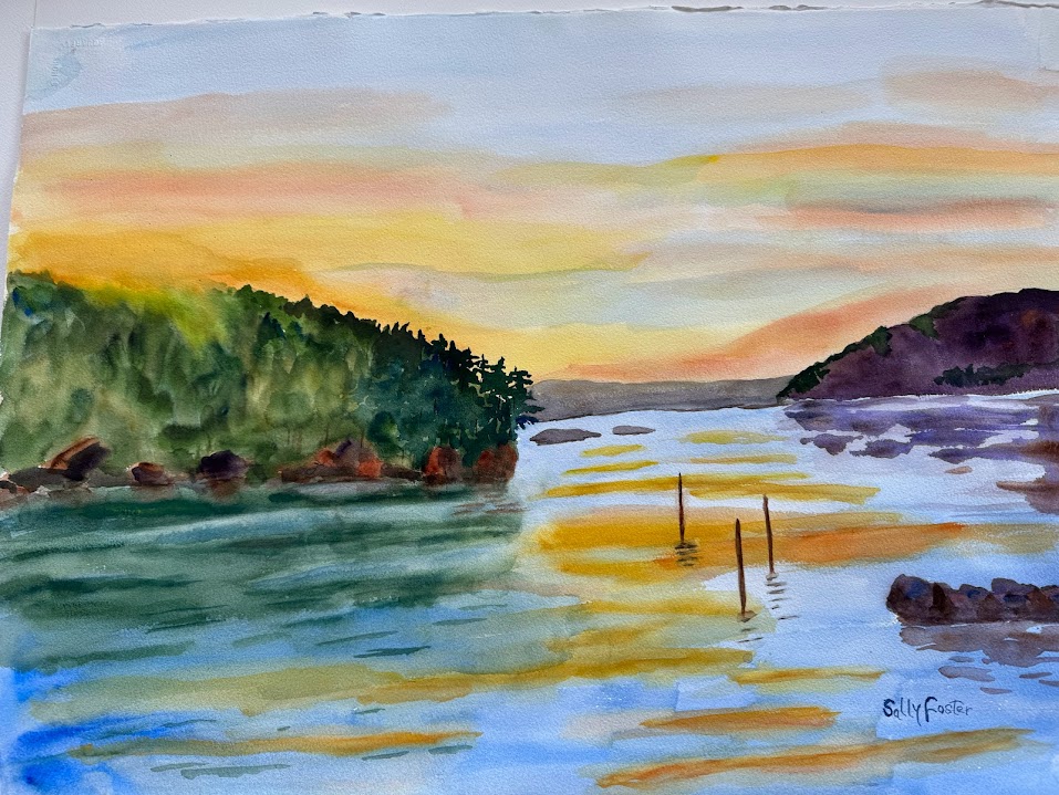San Juan Sunset, original watercolor painting of a blue, tan and orange sunset reflecting on the water below. There are scattered tree covered islands separating the water.